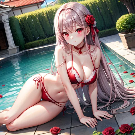 red blush、silber hair、red eyes、Beautiful girl alone、animesque、独奏、The bikini、A sexy、gravure、rose garden、