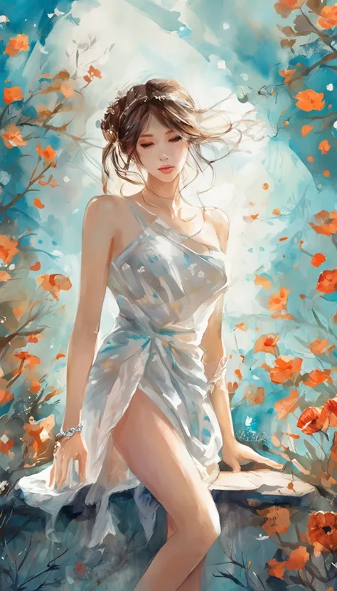 ((from below)), ((knee shot)), ((cross legged)), ((realistic)), Beautiful young girl, Sexy goddess, slender leg, cold light, the night, starrysky, (Skirt, One shoulder, Floral, Lots of patterns), (cyan colors, white colors), Detailed scenes, Beautiful digi...