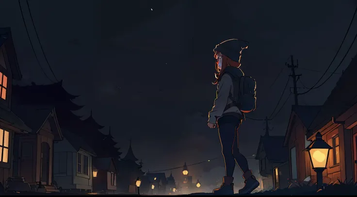 a wide shot of a beautiful, slim redhead woman wearing a sweater, tights, beanie and a backpack walking into a small, creepy town at night, with scary, dark atmosphere and fog at night time