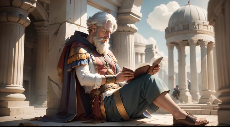 there is a mansitting on a ledge reading a book, by Mike Winkelmann, by Alexander Kucharsky, ancient greek man greek clothes, by Dietmar Damerau, matte painting portrait shot, by John La Gatta, inspired by Mike Winkelmann, at an ancient city, 3 d render an...