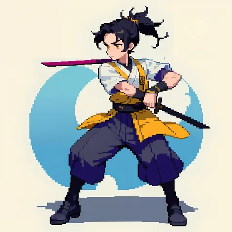 (Masterpiece, top quality, best quality), pixel, pixel art,1boy,16 yrs. old full body, Samurai outfits, pale skin young boy, yellow eyes, black hair, mid-size ponytail, calm face, male, Playing with the sword.