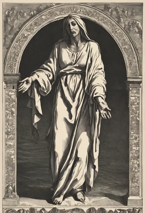 A imagem mostra Jesus Cristo, Dress in a white tunic, Standing in an open place. Hes looking at a woman whos slumped on his feet. The woman is dressed in a simple dress, and his face is hidden in his hands.

Jesus is extending his right hand to the woman. ...