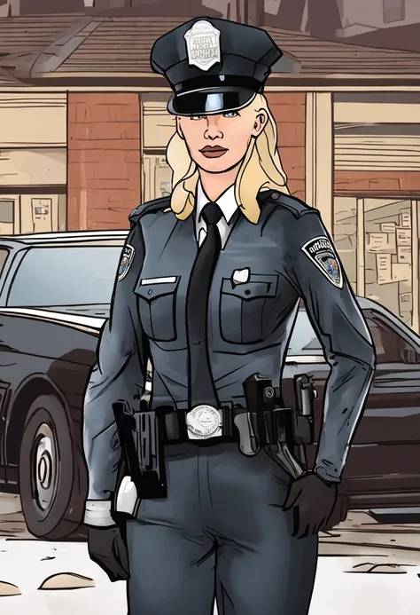 caucasian; blonde; serious; modelesque; arms crossed; wearing her official police uniform; long pants; black tie; black hat; Welcome to the Miltona Police Department. Im Officer Ariel Bellingham, and Im wearing my duty belt with my Glock 17, handcuffs, and...