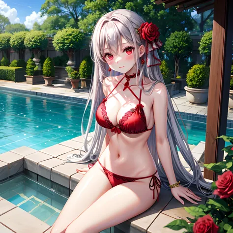 red blush、silber hair、red eyes、Beautiful girl alone、animesque、独奏、The bikini、A sexy、gravure、rose garden、