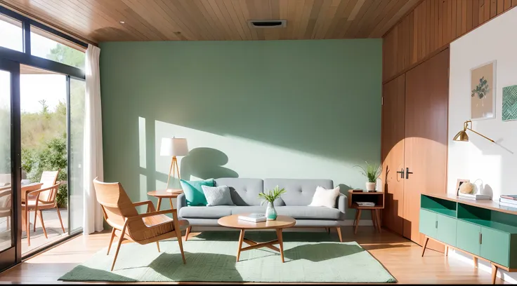 An inviting mid-century modern living room showcasing a mint color chair arrangement around a round wooden dining table. The subtle mint tones harmonize with the natural wood elements, exuding warmth and comfort against a soothing green wall.Canon EOS R6 w...