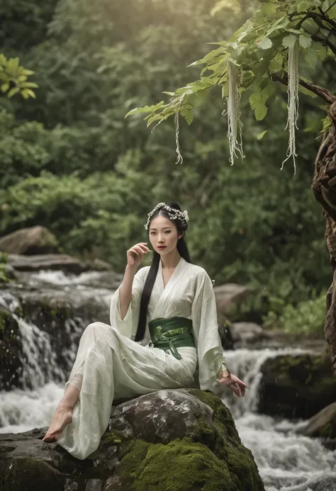 The Legend of the White Snake，The upper body is human，The lower body is a snake，Entangled with the green snake between the two of them，The sound of the scissors forest，The waterfall is in the distance，ancient wind，China-style，SENSE OF CINEMA，photorealestic...