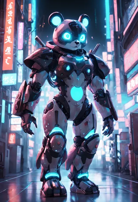 personification，Transparent mechanical panda，Cyberpunk, Dreamy glow, bright neon lights, ( Global Illumination, Ray traching, nffsw, Unreal Render,Reasonable design, high detal, masutepiece, Best Quality, hyper HD, Cinematic lighting), mecha musume