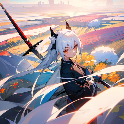 Anime girl with white hair holding a long sword in a flower field, Tokisaki is from Arknights, Anime art wallpaper 8 K, onmyoji portrait, Anime art wallpaper 4 K, Anime art wallpaper 4k, Guweiz in Pixiv ArtStation