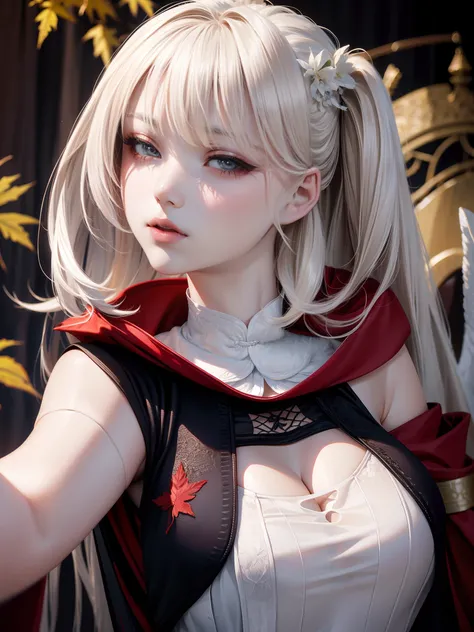 8K，ultra - detailed，tmasterpiece，Top face，Realistic face，Camera-like detail，Fitted with a white silk cheongsam，cleavage，Beautiful and delicate Dongfa woman，Twenty years old，Long white hair，Anterior and upturned body，Very delicate black pupils，Red cape with...