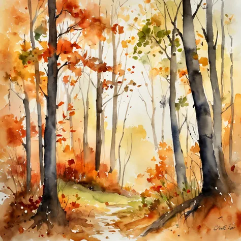 Photorealistic: An autumn forest scene with vibrant colors and falling leaves, captured in a watercolor style. The art inspiration for this image is from the works of watercolor artists on platforms like Art Station and Behance. The camera should have a wi...