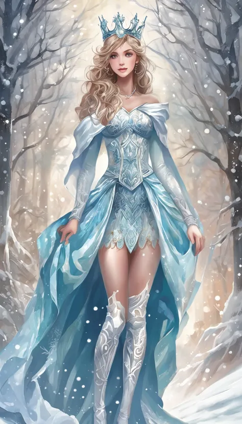 ((from below)), ((full body)), ((cross legged)), ((realistic)), Beautiful young girl, Sexy goddess, queen of ice, Princess crown, slender leg, cold light, the night, nevando, snowfield, (Skirt, One shoulder, Floral, Lots of patterns), (cyan colors, white c...