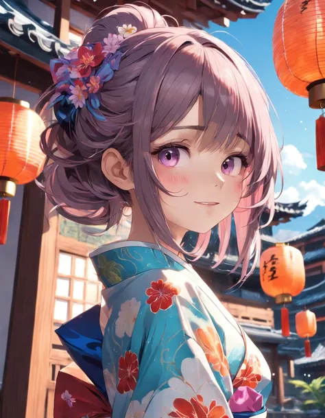 ((Yukata)),eye glass，innocent smiles，ancient city，veranda，wind chime，(1girl in, Solo:1.6),(Best Impact:1.5), (maximalism:1.7),Vivid contrast, (Realistic), hyperrealistic illustrations, hight resolution, ultra-detailliert, absurderes,(Fractal Art:1.3)、Rando...