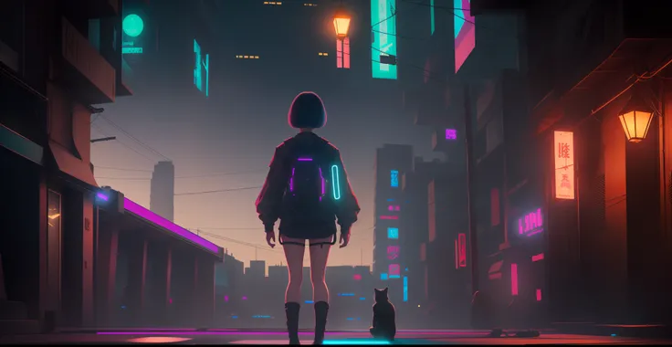 Super Resolution, (Realistic: 1.3) 1 Girl, Cyberhan, Cyberpunk City, Night, Neon, Lantern, Solo, Delicate Face, Delicate Eyes, Short Hair, Cat, Full Body, Back, Back to the Audience