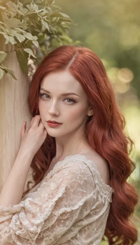 (obra prima, alto detalhe, absurdos, Foto RAW:1.4), 1 girl pinup, long red hair, rosto delicado, long eyelashes, little smile, In the Romantic Vintage Setting, summer dress, stockings, high heels