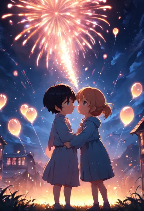 the night，Colorful，Fireworks all over the sky，Heart-shaped bubbles，Child couples，Cartoony，Chubby little girl and little boy hugging each other，Glowing fireflies around，，Cute and cute，KIDS ILLUSTRATION，Glow effects，Dingdall effect，depth of fields，high light...