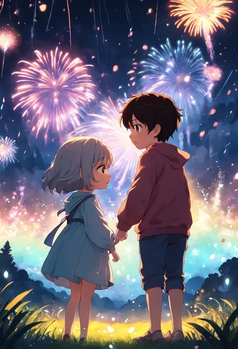 the night，Colorful，Fireworks all over the sky，Heart-shaped bubbles，Child couples，Cartoony，Chubby little girl and little boy hugging each other，Glowing fireflies around，，Cute and cute，KIDS ILLUSTRATION，Glow effects，Dingdall effect，depth of fields，high light...