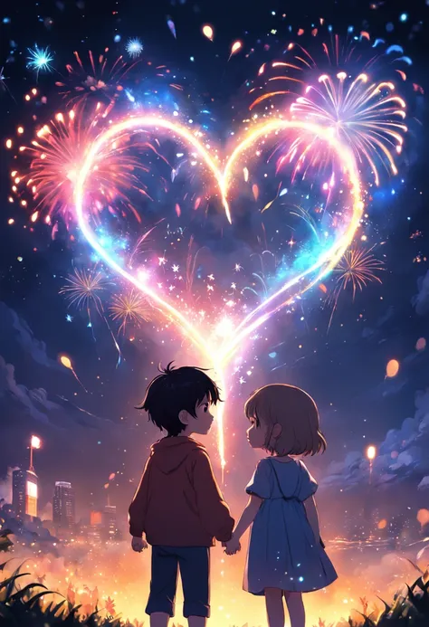 the night，Colorful，Fireworks all over the sky，Heart-shaped bubbles，Child couples，Cartoony，Chubby little girl and little boy hugging each other，Glowing fireflies around，，Cute and cute，KIDS ILLUSTRATION，Glow effects，Dingdall effect，depth of fields，high light...