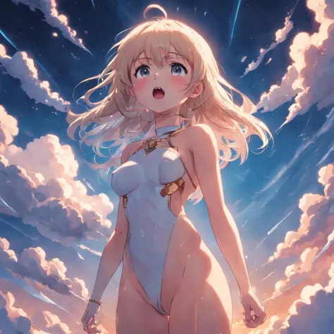 tmasterpiece，best qualtiy，cinematic Film still from，1girl，Cloud Girl，Bigchest，Bare body，The white one is super short to go，Floating in the sky，closeup cleavage，brightly，cheerfulness，Warm and soft lighting，the sunset，（spark of light：0.7）