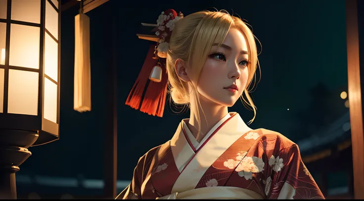 blonde japanese woman with D cups, beautiful green eyes expressive eyes, night time, red intricately detailed kimono with white sash, unity, 8k, beautiful, hyper detailed, realistic, looking in the distance, dramatic lighting,