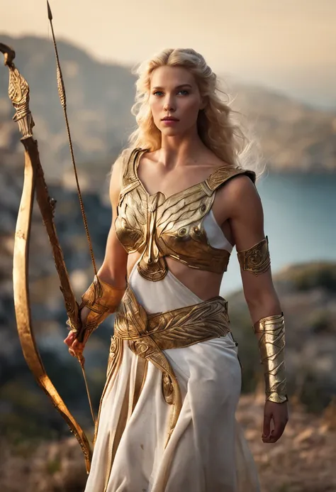 Young virgin greek goddess of wild nature and hunting, with (((Blonde hair))) And (((Blue eyes))), Amazingly beautiful, is fair-skinned, slender and tall, Show off her perfect pair of long legs, wears {sleeveless, (Very short: 1.7), (white:1.5), Greek chit...