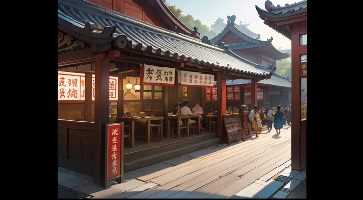 realistic scene，the detail，Photorealistic photorealism，8k，Schematic style of the upper river of Qingming，Tang dynasty architecture。Wooden，Tang Dynasty Peoples Street，restaurant，Full of people，The streets are full of traffic，Picture scroll style，Top-down vi...