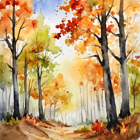 Artistic Image Types: A watercolor painting of an autumn forest. The subject of the painting should be a dense forest with trees adorned in vibrant autumn colors. The art style should be watercolor, with soft and flowing brushstrokes. The art inspiration f...