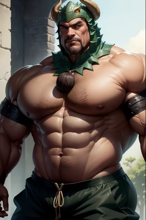 Close-up of an old man in a shirt posing for a photo, robust stocky body, absurdly massive physique,  Very beautiful. Big muscles, exaggeratedly large physique, half man half asian black bull, musculous, absurdly muscular physique, powerful and huge, stron...