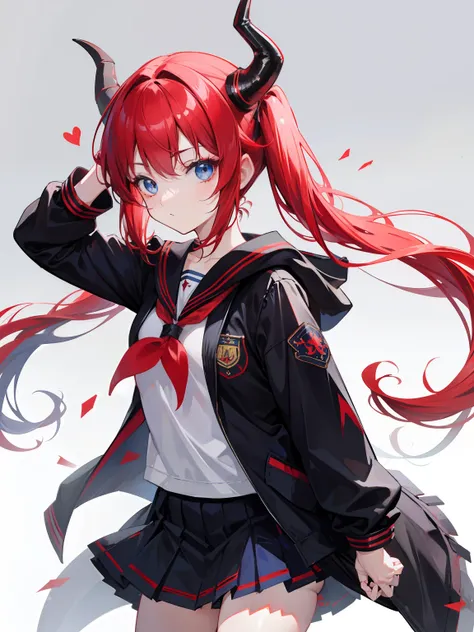 red hair, blue eyes, twintails, Sailor suit,black coat, Dragon horns,Pleated skirt,solo,loli,cute,bow