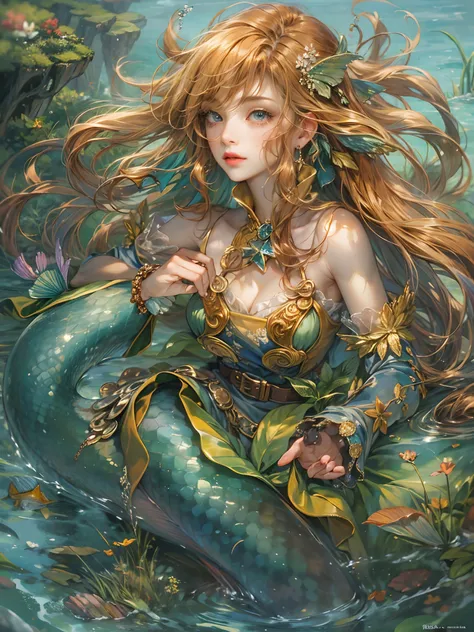 (absurdres, highres, ultra detailed, HDR), masterpiece, best quality, legend of mana character, detailed character, a mermaid