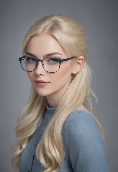 ​masterpiece,top-quality,infp young woman,Blonde blue-eyed,poneyTail,Black-rimmed glasses,Walk through the library with a book,grey sweater,Dark blue denim pants