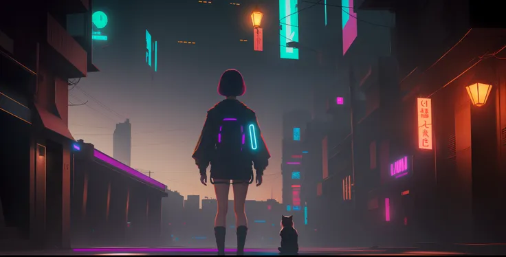 Super Resolution, (Realistic: 1.3) 1 Girl, Cyberhan, Cyberpunk City, Night, Neon, Lantern, Solo, Delicate Face, Delicate Eyes, Short Hair, Cat, Full Body, Back, Back to the Audience