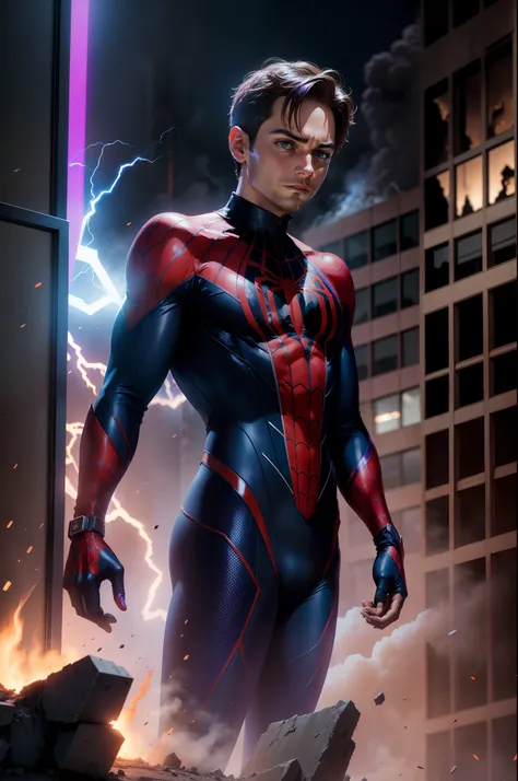 Tobey Maguire dressed in futuristic costume reminiscent of the Spiderman costume with iconic Spiderman logo, explosions, destroyed buildings collapsed, rising smoke, purple flames, reflected purple and blue lights, realistic, photography, Canon Eos R6