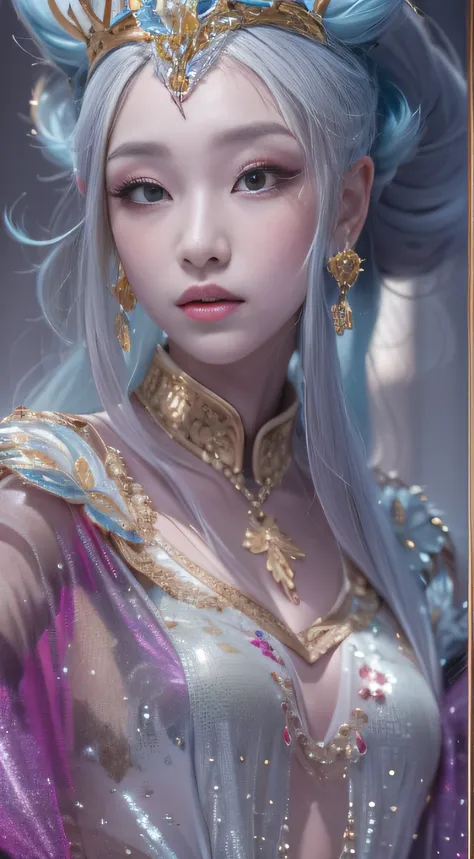 16k（tmasterpiece，k hd，hyper HD，16k）short detailed hair，Gold jewelry area in the back room，King Girl ，Silver Dragon Protector （realisticlying：1.4），Python pattern robe，Purple-pink tiara，Snowflakes fluttering，The background is pure，Hold your head high，Be prou...