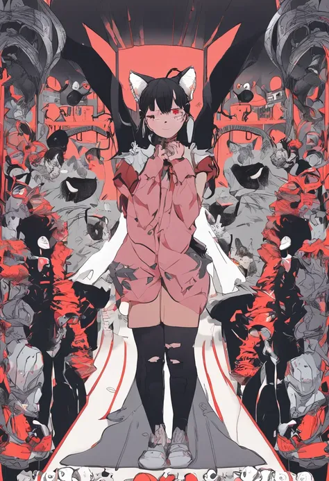 Real Human，Black hair, hair bobbles, wince, long eyelasher, solid circle eyes, Fake animal ears, Light smile, Ear blush, Fang, topknot, mouth mask, Earphone, Colored Contact Lenses, Cat ears, Evil smile, surrealism, shadowing, anaglyph, stereograms, tachi-...