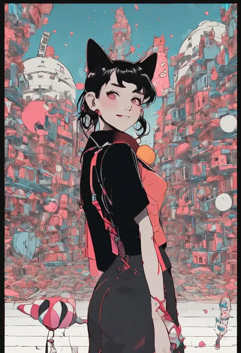 Real Human，Black hair, hair bobbles, wince, long eyelasher, solid circle eyes, Fake animal ears, Light smile, Ear blush, Fang, topknot, mouth mask, Earphone, Colored Contact Lenses, Cat ears, Evil smile, surrealism, shadowing, anaglyph, stereograms, tachi-...