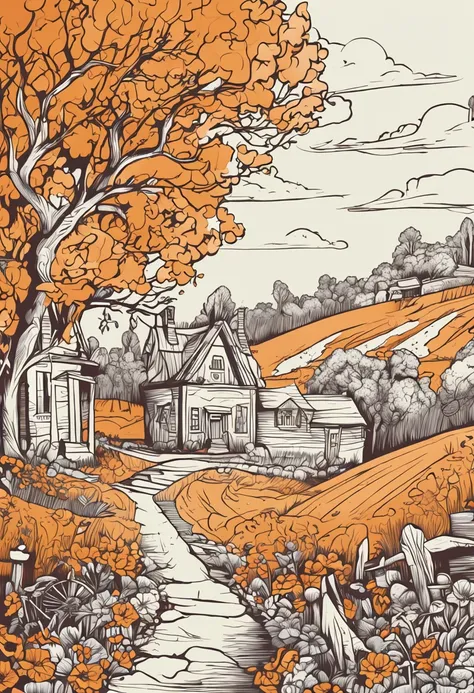 best quality, a stunning lineart artwork of Halloween on the countryside, intricately detailed, (best shadow)