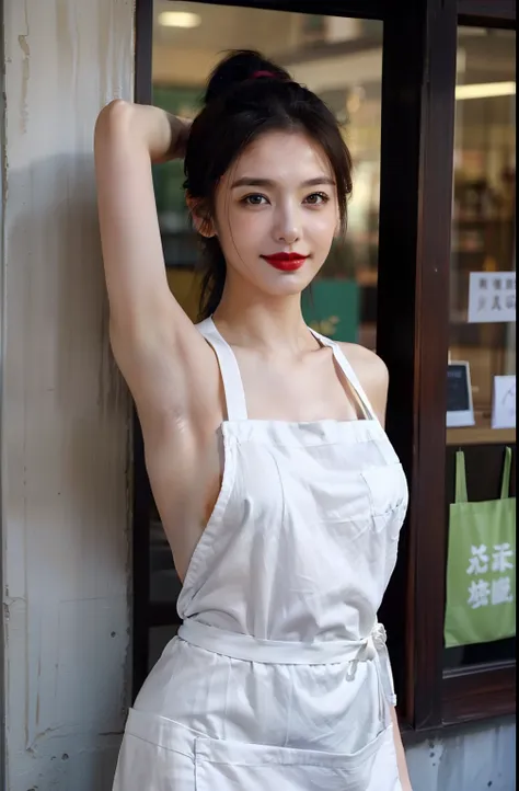 ((Armpit Pose、Armpit、NAKED Apron、In a naked apron、Raise your hands to show your armpits、Photograph the whole body、Show the armpits of both hands、Im wearing only an apron、Armpits with shiny skin as if oiled、Detailed armpit wrinkles、sixteen years old、Naked i...