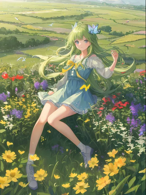 High Detail, Ultra Detail, Ultra High Resolution A cute and innocent girl is enjoying her time in an open field, surrounded by the beauty of nature, with the warm sun shining on her and wild flowers swaying gently in the breeze. Butterflies and birds flutt...