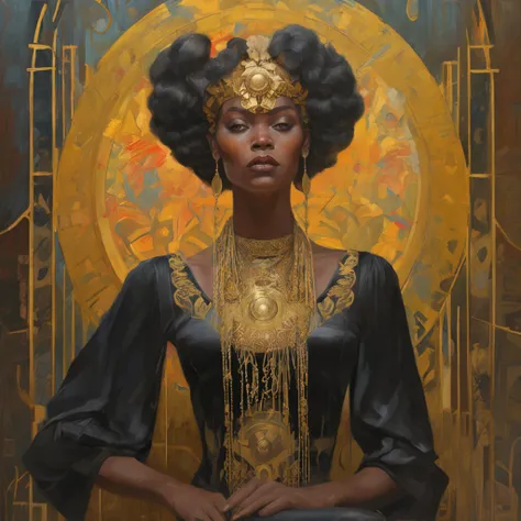 a painting of a woman with a golden headdress and a black dress, Mucha Klimt et Tom Bagshaw, Bel art UHD 4 K, 4k highly detailed digital art, exquisite digital illustration, WLOP complexe, art nouveau! Cyberpunk! style, 4k detailed digital art, Mucha style...