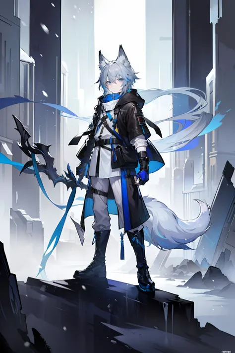 (masterpiece), best quality, expressive eyes, perfect face, 1boy, solo, (light shade hair, fox tail, blue grey hair, fox boy, yo...