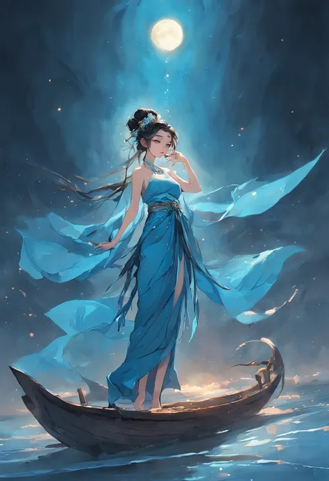 Painting a woman in a blue dress standing on a boat in the water, float under moon light at night, Chinese fantasy, lunar goddess, lunar goddess,， Wide buttock， cleavage,huge boob, tight fit clothes, Goddess of the moon, moonlit night dreamy atmosphere, in...