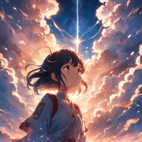 masterpiece, best quality, movie still, 1girl, cloud girl, floating in the sky, close-up, bright, happy, warm soft lighting, sunset, (sparks:0.7)