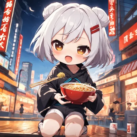 ((Chibi girl eating ramen))、White shorthair chibi、Pixie Cut Chibi、Chibi in shorts, Chibi,