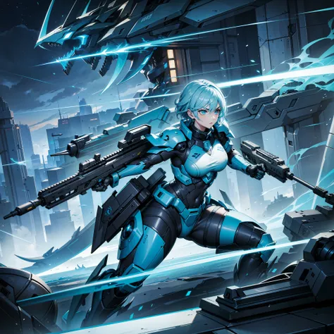 Master piece, high quality, best detail, a woman with light blue short hair, sharp eyebrows, big eyes, mechanical dragon, assault rifle, battle field, futuristic city, combat uniform