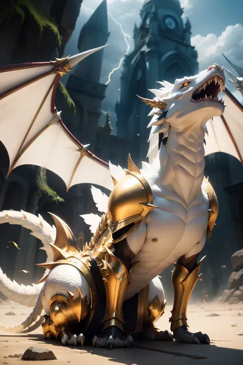 1White dragon add lightning in mouth add golden armor add large wings, dourado. boca fechada, dentes afiados, Two paws on the ground, adcionar asa esquerda, not looking like peoples bodies.