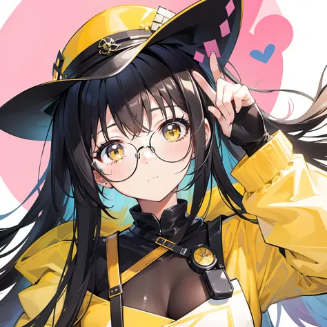 Yellow-pink transparent texture for long hair，Wide black glasses，The face is relatively large，Silly，Looks silly and cute，Its a cute girl