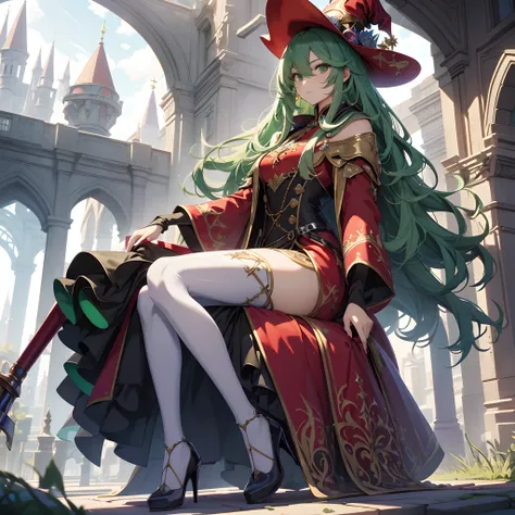 best qualityer，tmasterpiece，Ultimate resolution，downy，Extremely colorful，Colorful，Skysky，hilltop，（Red magic robe long dress），Long flowing green hair，The Witch，a matural female，（red high heel pumps），Sit on a magical broom，flight，Normal posture