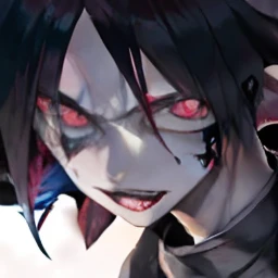 a close up of a person with a purple eye and black hair, sasuke uchiha, he's very menacing and evil, joker looks like naruto, sh...