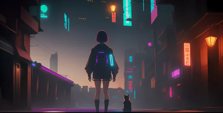 Super Resolution, (Realistic: 1.3) 1 Girl, Cyberhan, Cyberpunk City, Night, Neon, Lantern, Solo, Delicate Face, Delicate Eyes, Short Hair, Cat, Full Body, Back, Back to the Audience