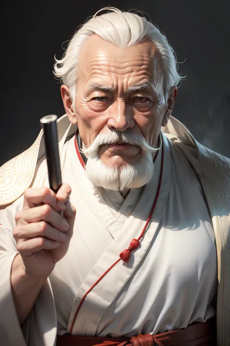 An elderly Chinese man in a white robe，white mustache，k hd，looking to the camera，studio lit，realisticlying